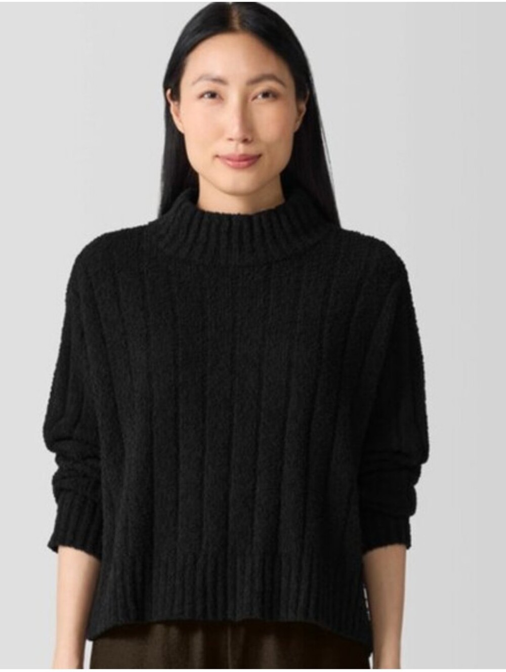 Black Eileen Fisher Cotton Fluff Rib Turtleneck, Croppef Top L